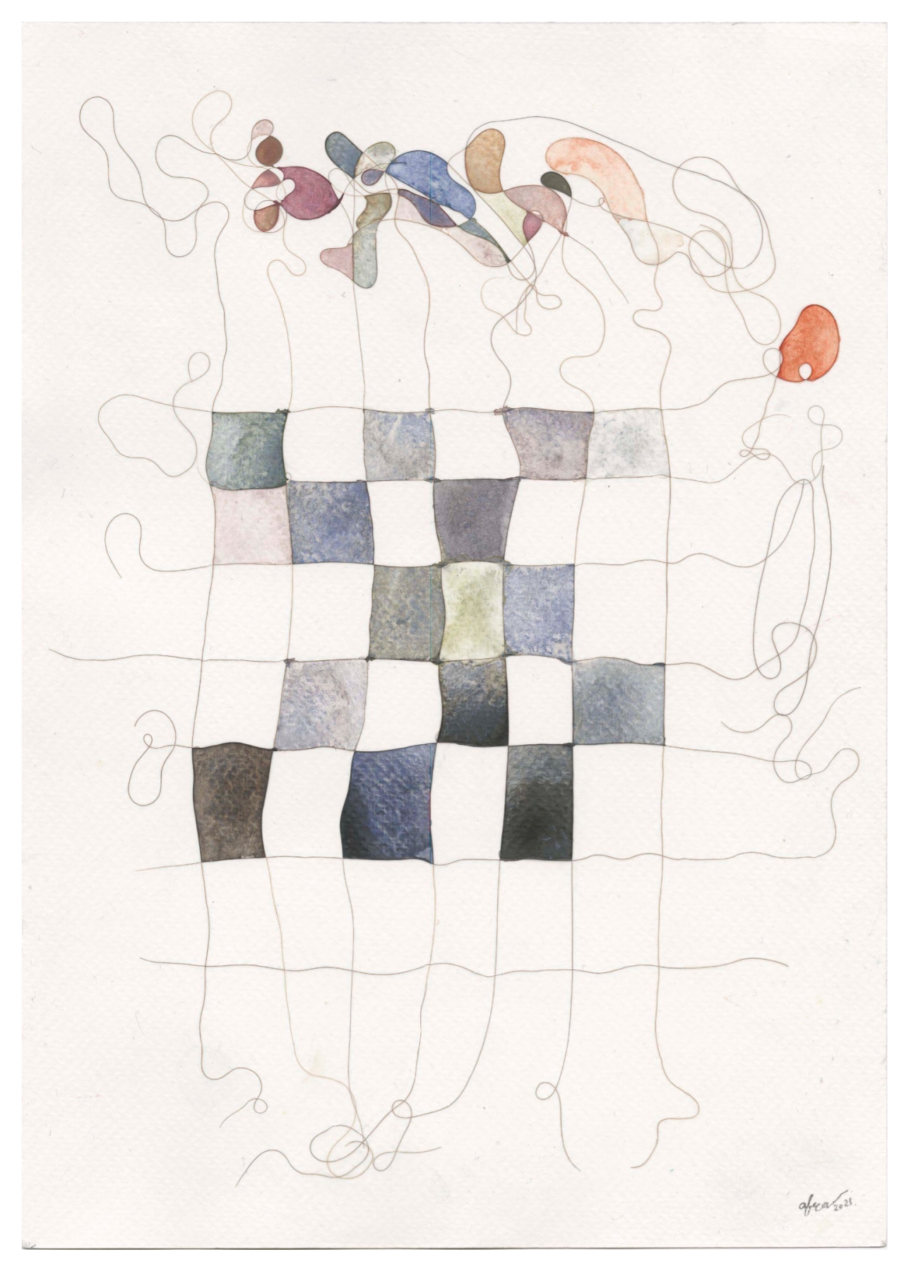 Afra Al Dhaheri, Hair Grid, 2021, artist&amp;#39;s hair and watercolor on paper, 11 in x 8.5 in