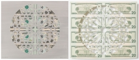 Abdullah M. I. Syed Divine Structure: Hexakaideca (Diptych) 2017 Hand-cut U.S. $20 banknote sheet and banknote collage with acrylic on wasli 10.25 x 24.5 in.