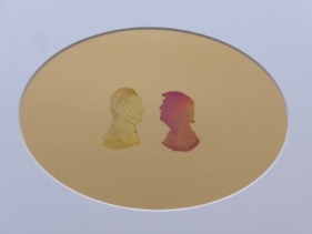 Abdullah M. I. Syed, Rose Petal Portraits: Silhouettes 29-30 – Putin and Trump, 2019, Hand-cut rose petals on archival metallic paper and clear acetate, 12 x 16 in