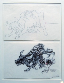 Laxma Goud UNTITLED (DIPTYCH TWO DYING BULLS) 1974 Ink on paper 5.5 x 9.5 in.