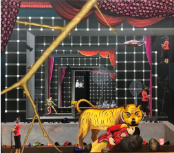 Jagannath Panda (b.1970)  The Stage, 2017  Acrylic, Fabric, glue.  90h x 72w in
