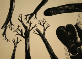 Laxma Goud Untitled (Penis and Tree Roots) 1975 Ink on board 9.5 x 13.5 in.