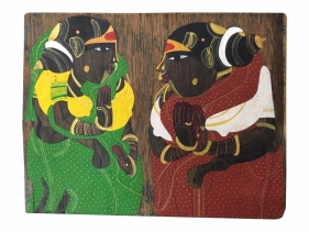 Thota Vaikuntham, Untitled (Women in Red and Green Saree), c.1995, Acrylic on antique wood, 8.75 x 6.88 in