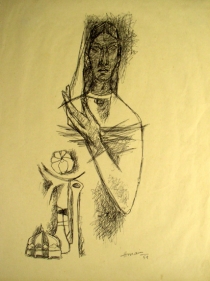 M. F. Husain Madonna with Flowers 1959 Ink on paper 12.5 x 9.5 in.