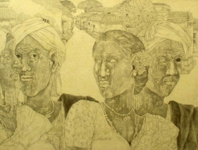 K. Laxma Goud FOUR PEOPLE (VILLAGE IN BACKGROUND) 1983 Pencil on board 16 x 20 in.  SOLD