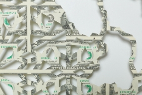 Abdullah M. I. Syed  Mapping Investment: Afghanistan (Detail 1)  2017  Hand-cut U.S. $2 banknote sheet and banknote collage with acrylic on wasli  20.25 x 50.25 in