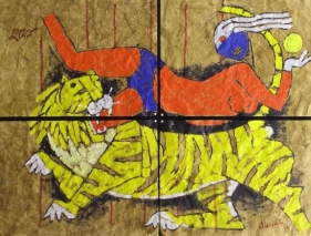 M. F. Husain UNTITLED (WOMAN WITH TIGER 4) 1990 Oil on paper 44.5 x 60 in.