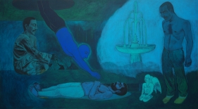 Anwar Saeed  Soul of the Man Diving Back Into His Body, 2007  Acrylics and charcoal on canvas  60 x 108 in