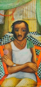 Anjolie Ela Menon MAN ON A RED CHAIR 2013 Oil on masonite 39 x 17 in.