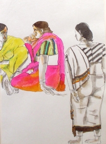 Laxma Goud THREE WOMEN Watercolor and Ink on Paper 10 x 13.5