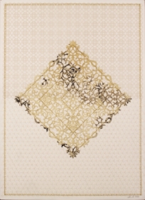 Anila Quayyum Agha Antique Lace - 4 2016 Laser-cut patterns on paper with mylar and embroidery 29.5 x 21.5 in.