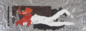 M. F. Husain FROLICKING GANESH 1974 Acrylic on foil sheet 19 x 52 in.