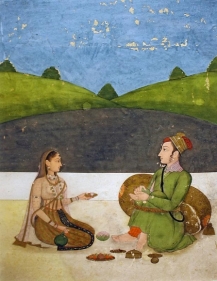 Couple on a Terrace India, Possibly Lucknow Opaque watercolor heightened with gold on paper 19th Century 7 x 5 in.