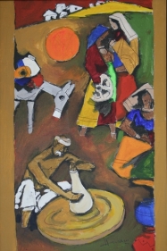 M.F. Husain VILLAGE SCENE Acrylic on canvas 36 x 24 in.  SOLD