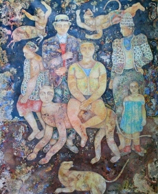 Sakti Burman LA COMEDIE HUMAINE 2008 Oil on canvas 64 x 51 in.