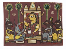 Jamini Roy  Untitled (Scene from the Ramayana)  tempera on paper laid on card  13.63h x 18.63w in