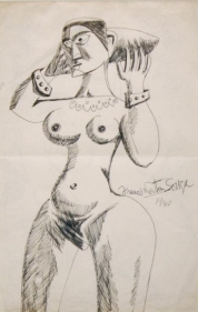 F.N. Souza UNTITLED (STANDING NUDE WITH BRACELETS 1) 1948 Ink and pen on paper 13.5 x 8.5 in.