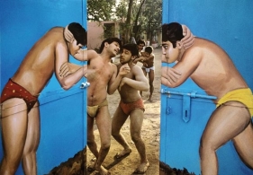 Raghu Rai Wrestlers in a Akhara, Delhi Edition of 10 1988 Digital scan of photographic negative on archival paper 18 x 27 in.