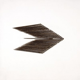 Roohi Ahmed WHICH WAY 2009 Large metallic needles on board 16.5 x 16.5 in.