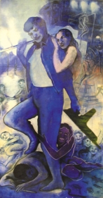 Shrilekha Sikander SUPERMAN (BLUE) Oil on canvas 58 x 30 in.