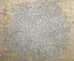 G. R. Iranna  Fragile Tree, 2017  Acrylic and ash on tarpaulin  54 x 66 in