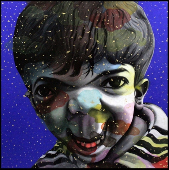 Chintan Upadhyay LOST CHILDHOOD 2008 Oil, acrylic and gold leaf on the canvas 72 x 72 in.