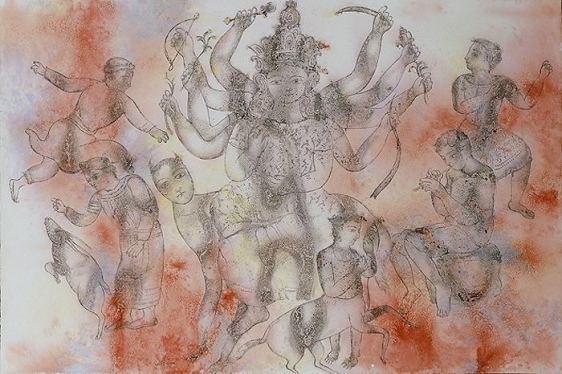Sakti Burman GANAPATHY PLAYING THE FLUTE FOR DURGA 2008 Watercolor on paper 31.5 x 47 in.