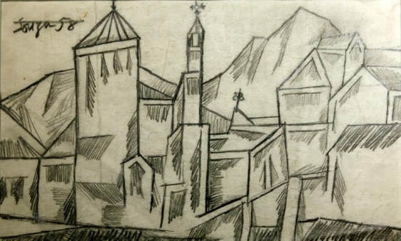 F.N. Souza UNTITLED (LANDSCAPE WITH CHURCH) 1958 Graphite on paper 8 x 13 in.