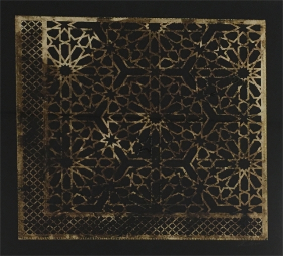 Anila Quayyum Agha Intersections - Black 1 2016 Mixed media on paper (Marbled and encaustic, laser-cut pattern on paper with embroidery) ​27.5 x 27 in.