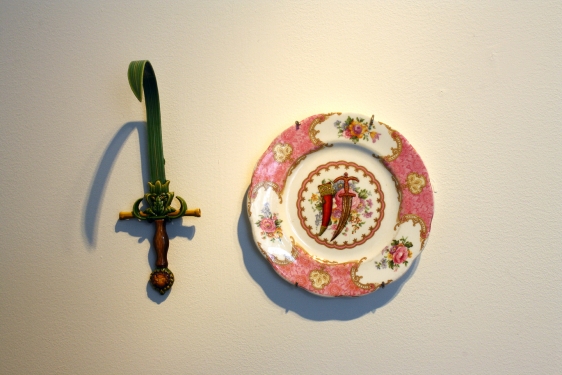 Adeela Suleman THANK YOU FOR YOUR SERVICE 1 2014 Found porcelain plate with enamel paint and hand-painted dagger Plate: 6.5 x 6.5 in. / Dagger: 8 x 2.5 x 4 in.
