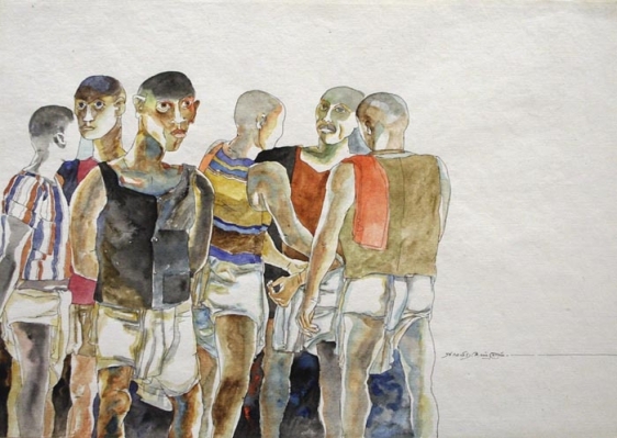 K. Laxma Goud SIX MEN GATHERING Watercolor on paper 10.5 x 14.5 in.  SOLD
