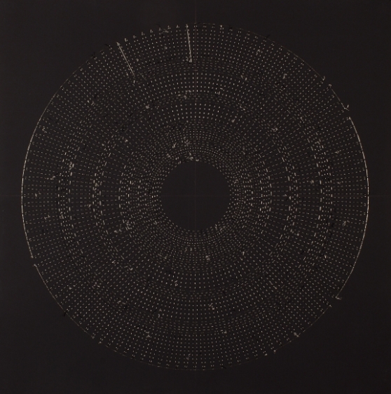 Anila Quayyum Agha Circle The Kaaba (Chartreuse) 2016 Mixed media on paper (Black and chartreuse beads and embroidery on black paper) 29 x 29 in.