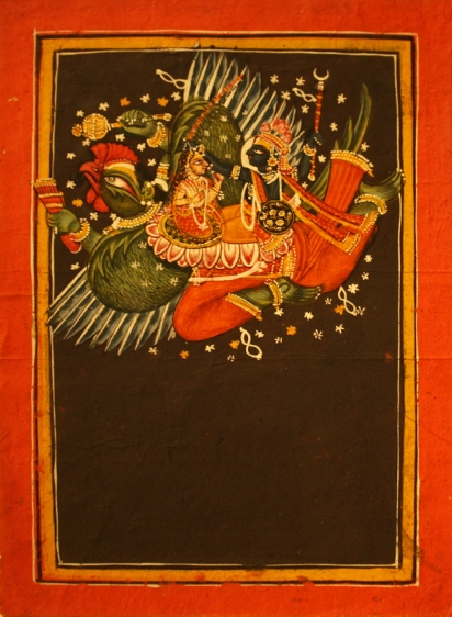 Indian Miniature VISHNU AND LAKSHMI ON GARUDA 19th Century Opaque watercolor on paper 9 x 6 in.