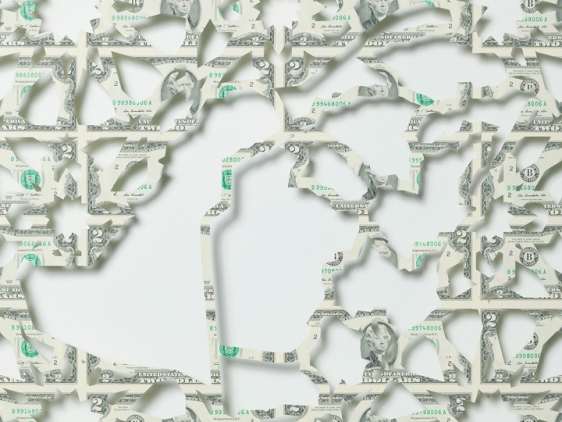 Abdullah M. I. Syed  Mapping Investment: Saudi Arabia (Detail 2)  2017  Hand-cut U.S. $2 banknote sheet and banknote collage with acrylic on wasli  20.50 x 50.50 in