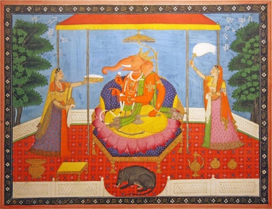 Ganesha India, Kangra or Mandi Opaque watercolor heightened with gold and silver on paper Late 19th Century 11 x 14 in.